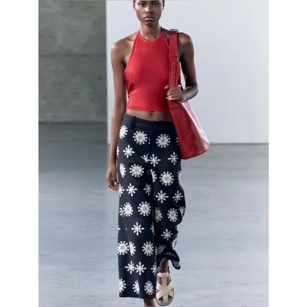 ZARA CONTRAST EMBROIDERED CULOTTES ZW COLLECTION NAVY BLUE